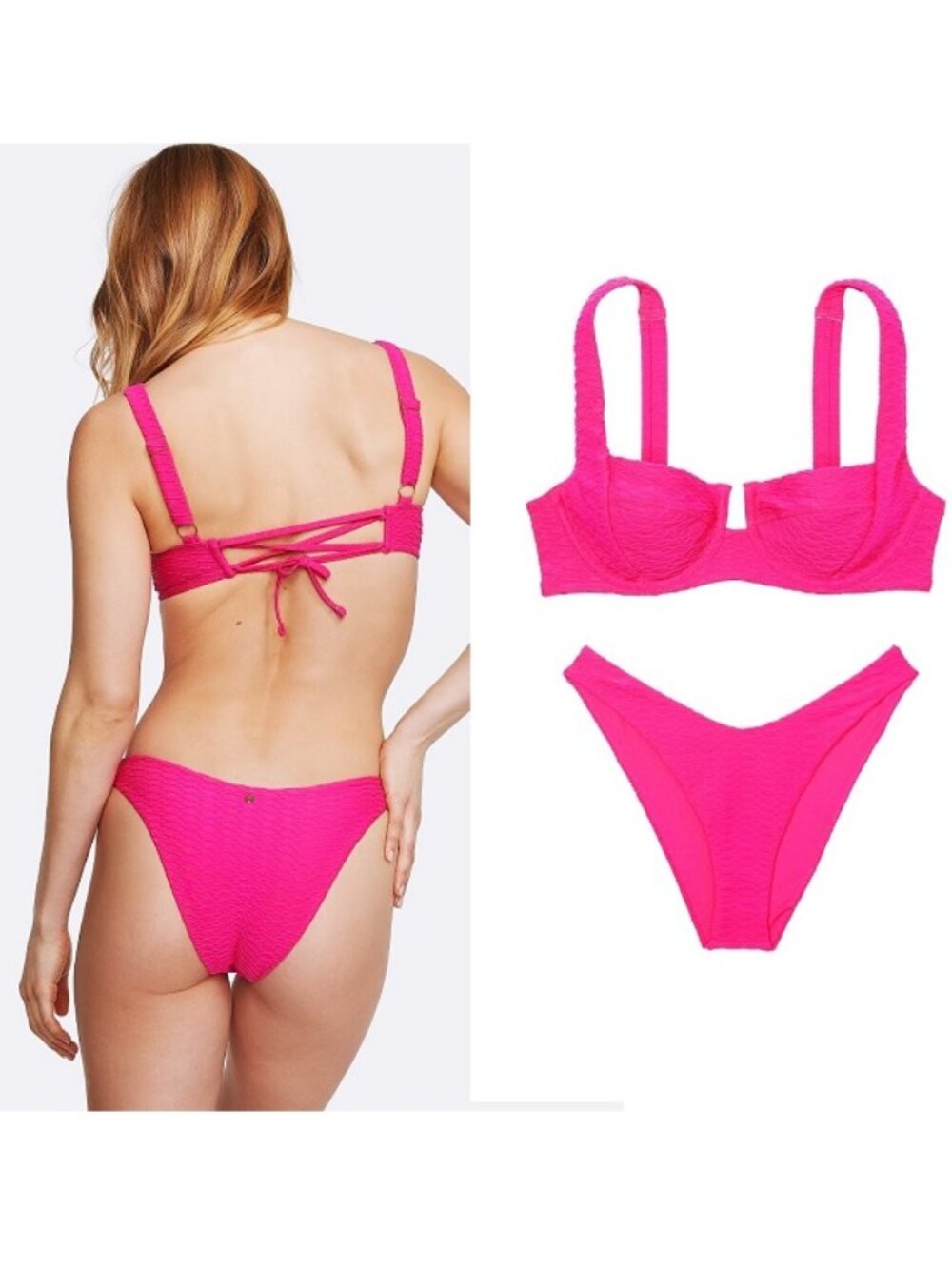 32DDD/S VICTORIA SECRET Lace-Up Strappy Top Bikini Set Brazilian Bottom Hot Pink